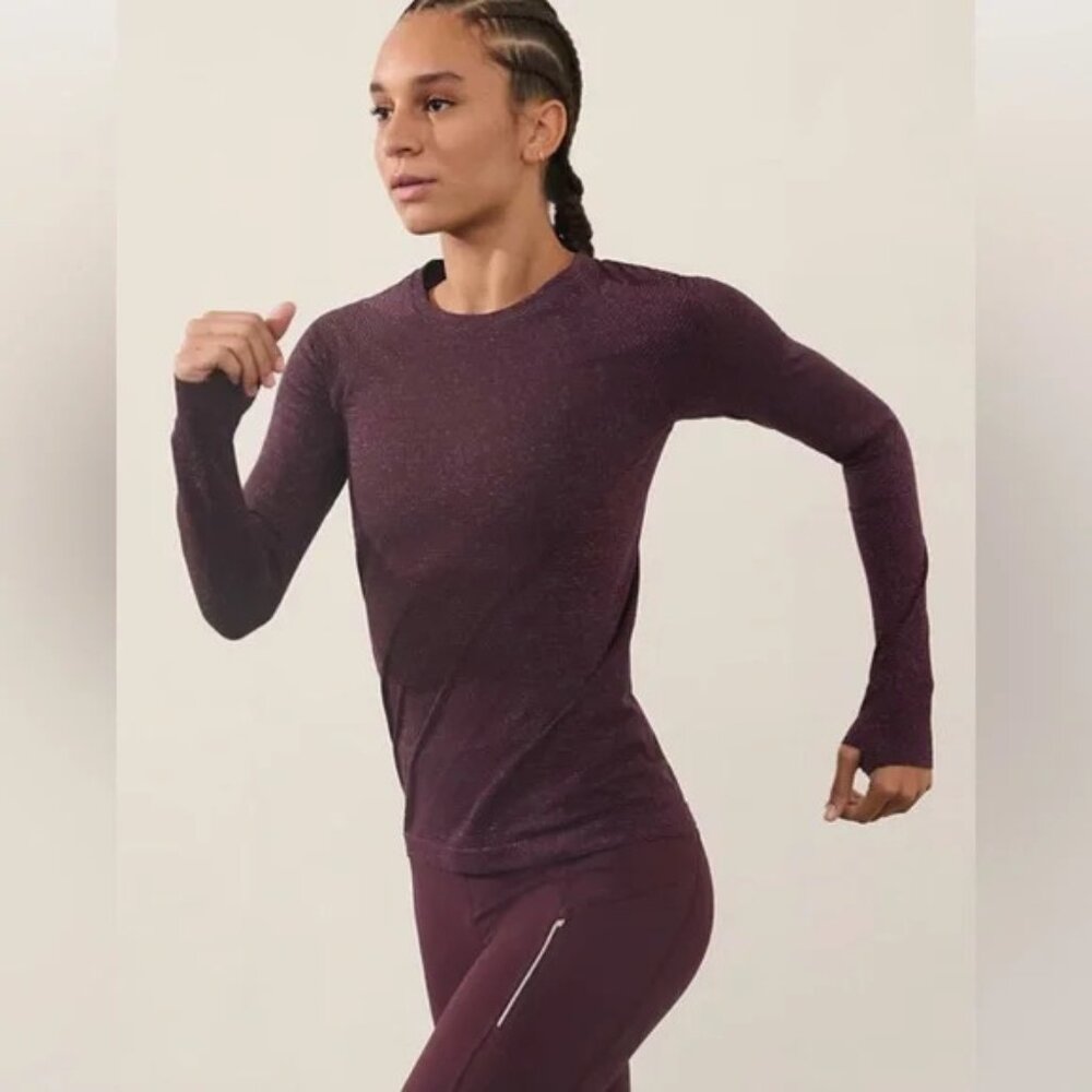 Athleta Purple Metallic Striped Momentum Seamless Long Sleeve Top